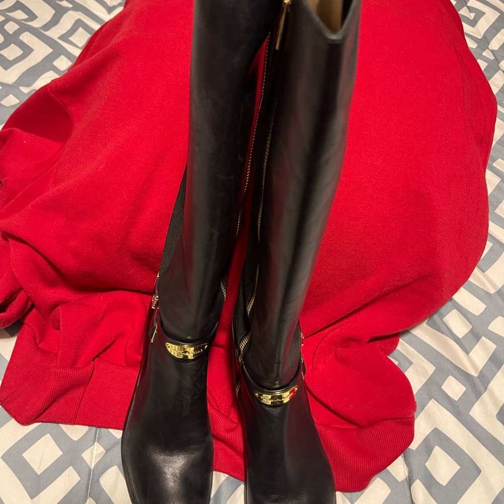 Michael Kors Black Leather Heeled Boots with Gold Accents - Picture 5 of 10